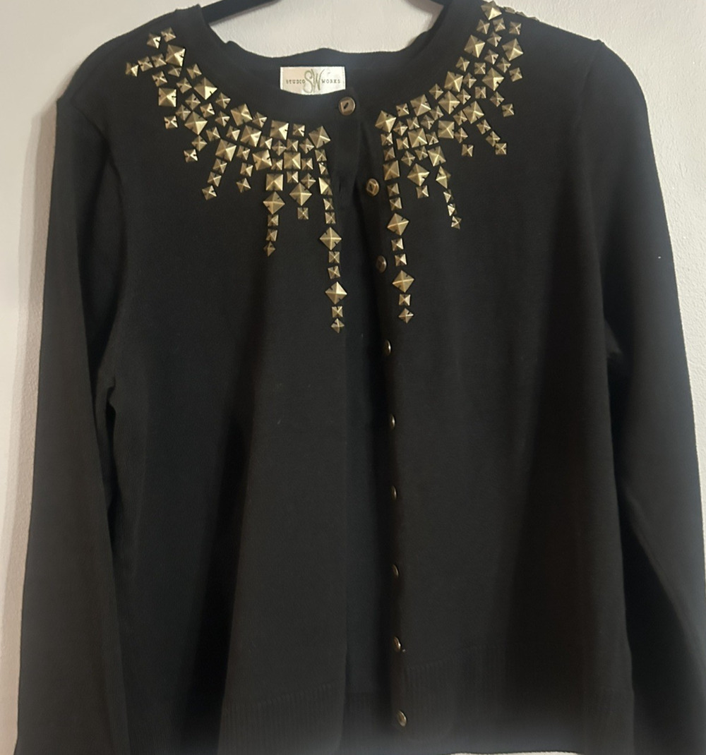 Womens Black knit cardigan GOLD studs edgy Gothic Glam Whimsigoth retro rocker L
